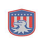 Metallic styled illustration of a bald eagle head with american stars stripes flag set inside a shield crest done in retro style.