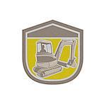 Metallic styled illustration of a construction digger mechanical excavator set inside shield crest shape on isolated background done in retro style .