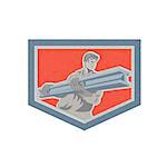 Metallic styled illustration of construction steel worker carrying i-beam girder viewed from front set inside shield crest done in retro woodcut style.