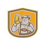 Metallic styled illustration of a Bavarian beer drinker raising beer mug drinking looking up wearing lederhosen and German hat set inside shield crest shape done in retro style.