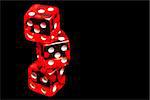 three red dice on black background with space for text