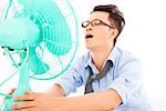 business man  suffering a hot  summer heat with fans