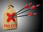 Violence - Three Arrows Hit in Red Mark Target on a Hanging Sack on Grey Background.