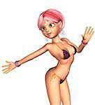 Digitally rendered image of a fashion girl with pink hair in violet bikini.