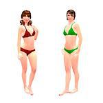 Digital render of a beautiful women in red and green bikini on white background.