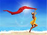 3d woman jumping on the beach with a red scarf.