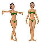 Digital render of a cartoon woman in green bikini on white background.