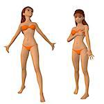 Digital render of a cartoon woman in orange bikini on white background.