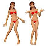 Digital render of a cartoon woman in red bikini on white background.