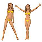 Digital render of a cartoon woman in yellow bikini on white background.