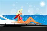 Vector illustration of redhair girl is sunbathing on the yacht. Contains EPS10 and high-resolution JPEG