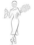 Graceful lady in a long dress with a bouquet of roses goes away, black over white hand drawing sketching vector artwork