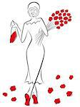 Graceful lady in a long dress with a bouquet of red roses goes away, hand drawing sketching vector artwork