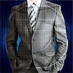 Businessman in a suit with background of glowing lines. Business concept