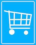 white shopping cart icon to the wheels on a blue background in frame