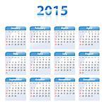 Blue glossy calendar for 2015 in English. Sundays first. Vector illustration