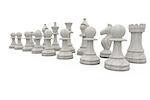 White chess pieces in a row on white background