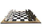 Chess pieces facing off on board on white background