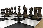 Black chess pieces on board on white background