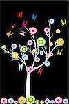 Abstract white tree with stylized fruits and butterflies