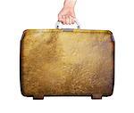 Used plastic suitcase with stains and scratches, gold