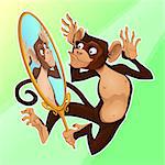 Funny monkey reflecting himself in a mirror. Cartoon vector illustration