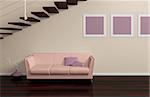 Modern interior composition with beige sofa, pictures on the wall and stairs