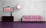 Striped sofa, round chandelier, brown chest of drawers, pink picture  with lighting. Modern interior composition. 3d rendered.