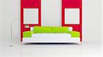 White sofa with green pillows, chromed lamp and two empty white pictures on red.  3d rendered. Modern interior composition.