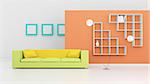 Modern interior composition with a yellow sofa and white shelves. 3d rendered.