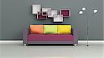 Purple sofa with colorful pillows, chromed lamp and shelves on grey wall. Modern interior composition. 3d rendered.