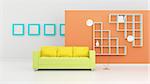 Modern interior composition with a yellow sofa and white shelves. 3d rendered