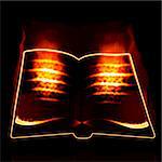 Abstract opened burning book on black background.