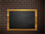 Illustration of blank chalkboard hanging on brick wall.