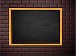 Illustration blank chalkboard in wooden frame on brick wall.