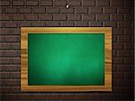 Illustration of blank green chalkboard hanging on brick wall.