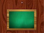 Illustration blank green chalkboard hanging on wooden background.