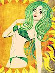 Vintage background with green bikini girl with long wavy hair and big sun.