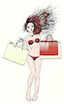Girl in red bikini with shopping bags, retro halftone effect.