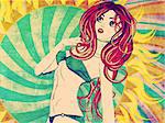 Green bikini girl with red hair on grunge sun background.