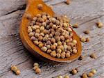 Coriander Seeds in Wooden Spoon closeup on Rustic Wooden background