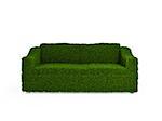 Modern sofa covered with bright green grass. Healthy lifestyle concept. 3d rendered. Isolated on white.