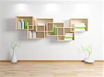 Modern interior composition with a beige bookshelf. 3d rendered.