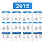Blue glossy calendar for 2015 in French. Mondays first. Vector illustration