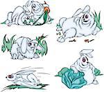 Comic gray rabbits. Set of vector illustrations.