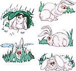 Comic pink rabbits. Set of vector illustrations.