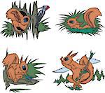 Life of cartoon squirrels. Set of vector illustrations.