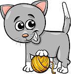 Cartoon Illustration of Cute Cat Playing with Ball of Wool