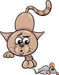 Cartoon Illustration of Cute Cat Playing with Toy Mouse