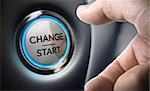 Change start button on a black dashboard background - Conceptual 3D render image with depth of field blur effect dedicated to motivation purpose.